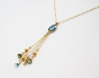 Solid 14K gold necklace with beautiful natural blue London topaz and tourmaline tassel Ancient gold jewelry revival