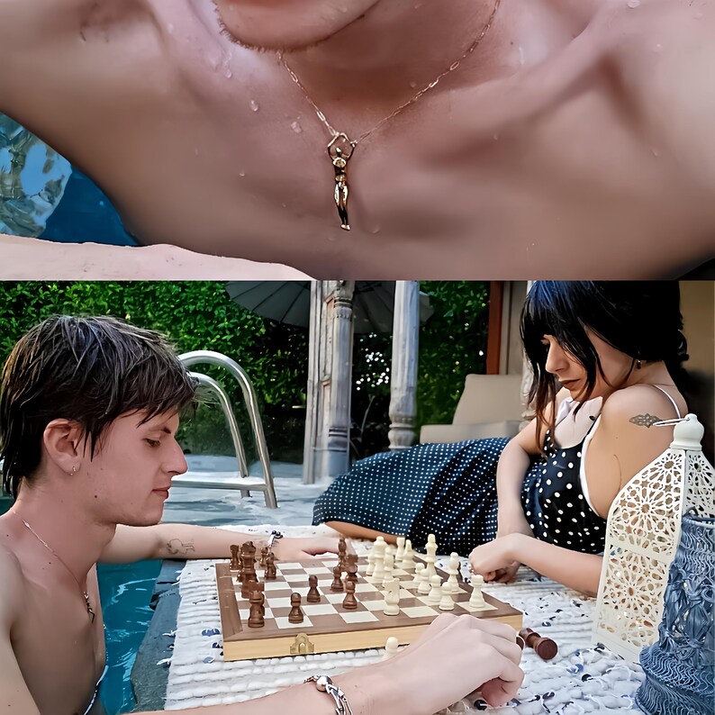 A split image showing a man in a pool wearing a gold alloy pendant, and a man and woman playing chess outdoors.