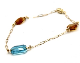 14k gold paperclip chain bracelet with warm yellow citrines and blue topaz LUXURY bracelet