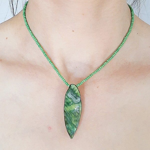 Coccoloba Leaf & Bead Necklace, Green