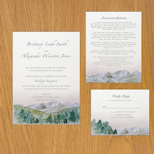 Colorado Mountain Morning Inspired Watercolor Wedding Invitation Suite