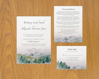 Colorado Mountain Morning Inspired Watercolor Wedding Invitation Suite