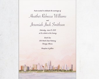 May include: Wedding invitation with a watercolor illustration of a city skyline. The invitation is for the marriage of Heather Rebecca Williams and Jeremiah Jack Smithson on Saturday, June 15, 2019, at six o'clock in the evening. The reception will follow at Booth One, 1301 North State Parkway, Chicago, Illinois.