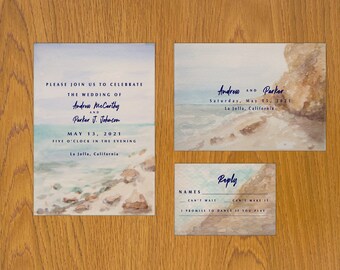 California Beach Watercolor Wedding Invitation Suite