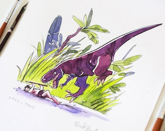 Inktober original artwork | T-Rex Attack - Primal fan art | colored unique ink drawing created by me