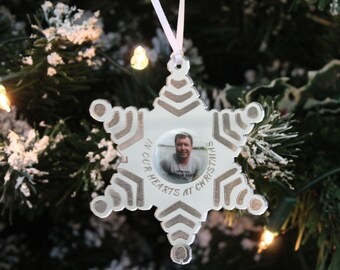 PERSONALISED Star shaped 'In Our Hearts At Christmas' Photo Memorial Tree Decoration & Gift Bag