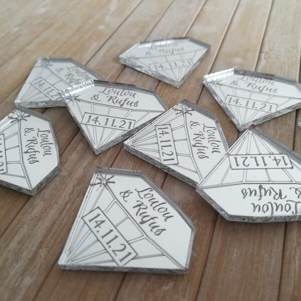 Diamond / Gemstone shape silver mirror personalised table confetti for Wedding/Anniversary/Party scatter favours