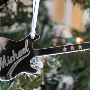 Personalised Silver Mirror Engraved Electric Guitar Christmas Tree Decoration & Gift Bag