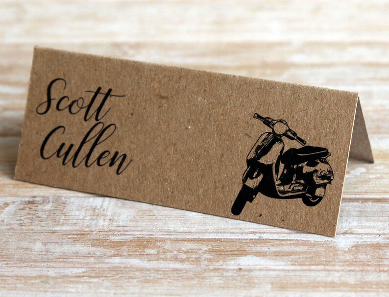Classic Vespa Scooter Personalised Wedding /& Party Table Place Name Tent Cards