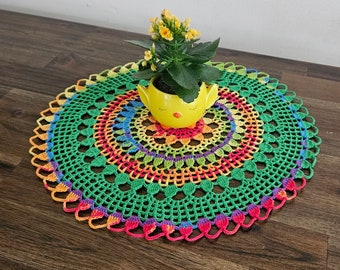 Round crochet doily. Crochet mandala. Rainbow crochet doily. Rainbow doily.