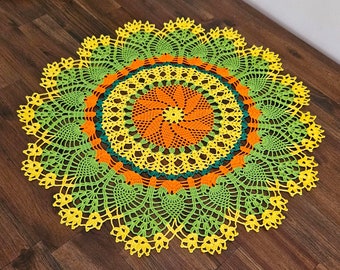 Crochet doily. Round crochet doily. Yellow crochet decor. Yellow doily. Yellow table placemath