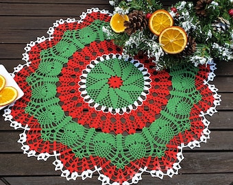 Crochet Christmas Doily - Large Red Green White Holiday Table Decor - 21 inch Cotton Lace Centerpiece - Handmade Winter Festive Placemat