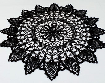 20''black cotton hand crocheted doily.Round handmade lace table placemat.Home decor.Crochet lace doily.Black crochet doily.Black Napkin