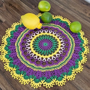 Round Crochet Doily: Yellow, Green, & Purple Table Decor