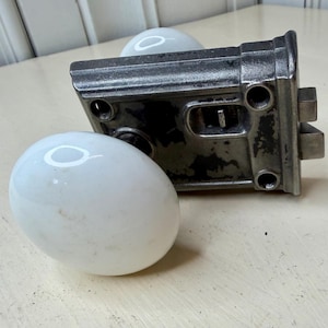 Antique Sargent Rim Lock Set w/ White Porcelain Knobs & Catch – Complete Door Hardware