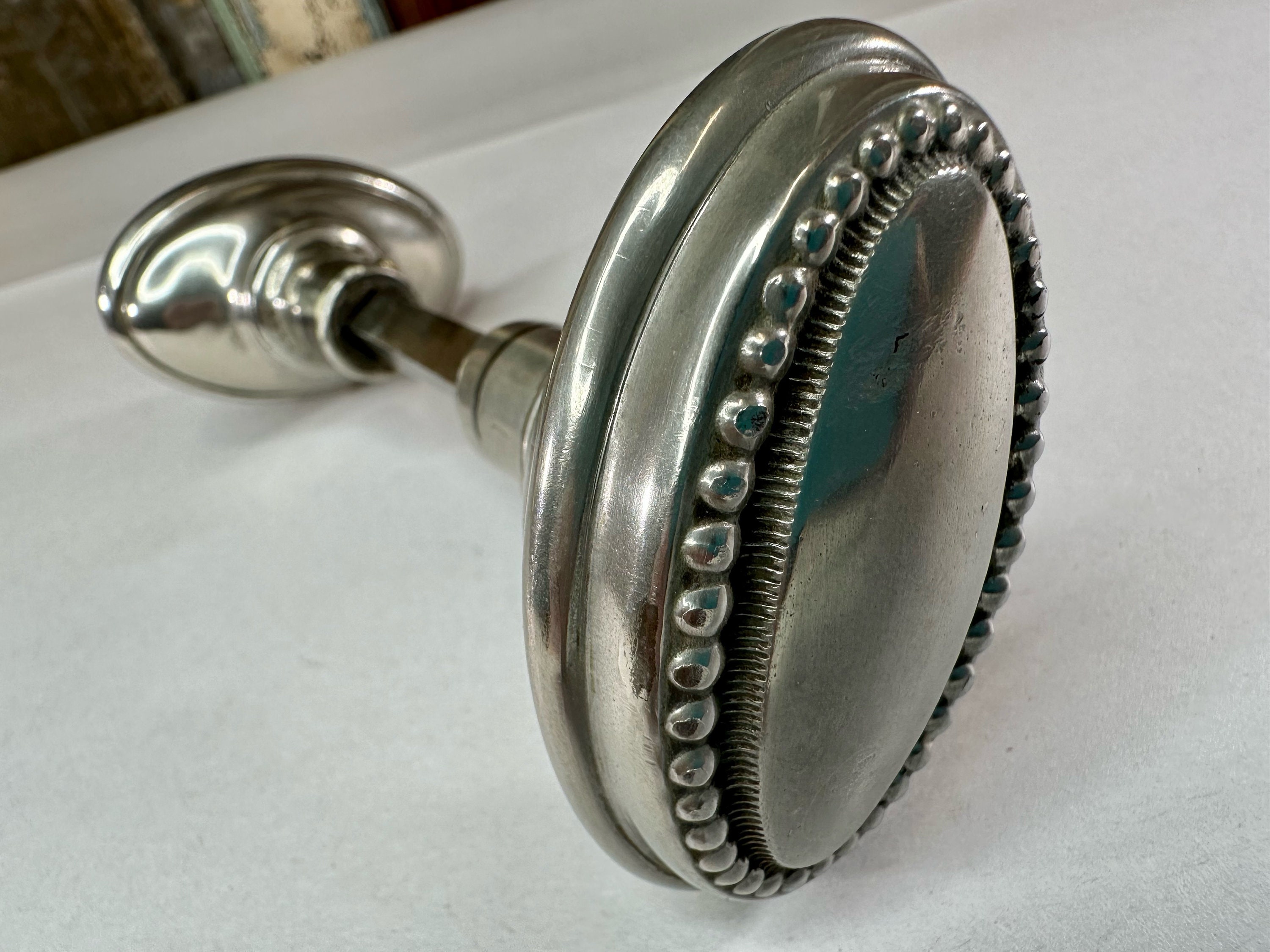 Vintage Chrome Oval Beaded Design Door Knob Set 