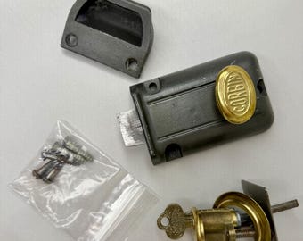 Vintage Corbin Rim Night Latch Lock Set w/ Key & Keeper Surface Mount Door Lock