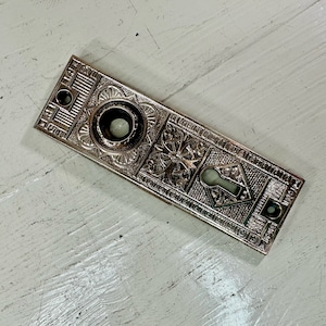 May include: A silver-toned door plate with an ornate design. The plate has a keyhole and a round knob with a decorative border.