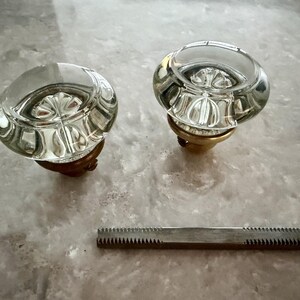 Antique Pressed Glass Door Knob Set with Sunburst Pattern & Brass Collars