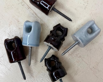 Vintage Porcelain Insulators Screw In Electric Fence Ceramic Brown Blue Set of 6