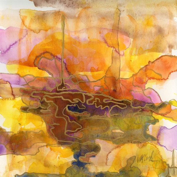 Abstract Art Print, Watercolor Abstract Landscape, 'Harbor Lights', sienna, purple, yellow and orange Instant Download print