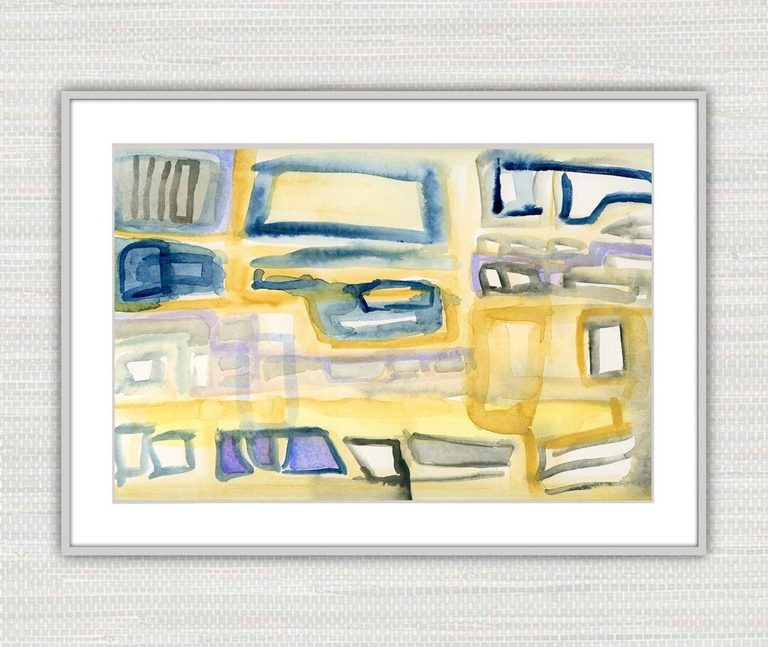 Abstract Art Print, Watercolor Retro Mid Century, Gray, Yellow Ochre Wall Art, Instant Download