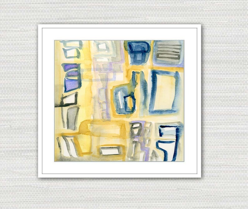 Abstract Art Print, Watercolor Retro Mid Century, Gray, Yellow Ochre Wall Art, Instant Download