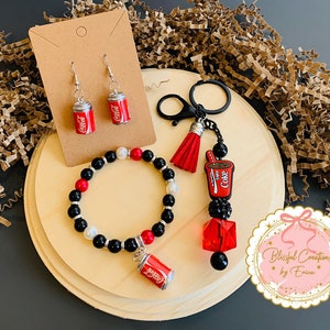 Cola Inspired Earrings, Bracelet and Keychain. Soda Inspired Earrings, Bracelet and Keychain.