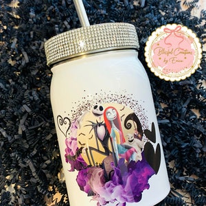 Jack Skellington and Sally Inspired Mason Jar Tumbler.