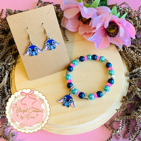 Stitch Inspired Ladies/Teens Earrings and Bracelet Set.