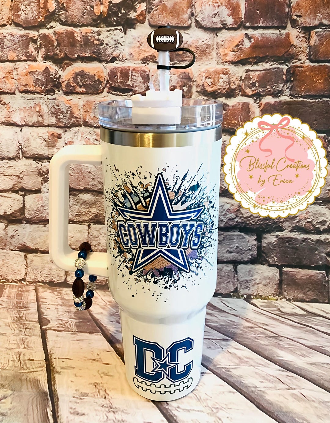 Football Team Inspired 40 Oz Mug With Mug Charm and Straw Topper