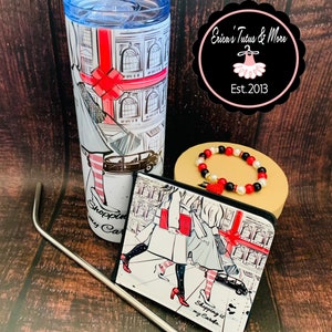 Vaso de moda, cartera de mujer y pulsera. Ir de compras es mi cardio. Cartera de mujer, pulsera de mujer. Vaso. Sets de regalo. Set de regalo para mujer.