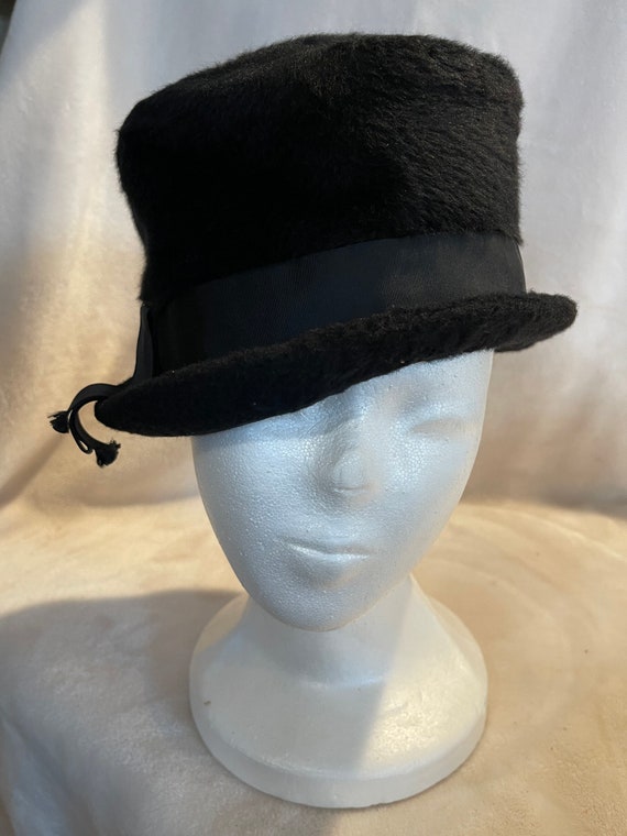 Vintage Black Imitation Fur Pillbox Hat - image 1