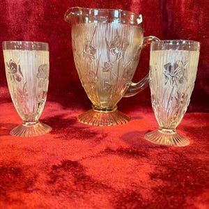 Vintage Jeanette Glass Iris Herringbone Pitcher and glasses