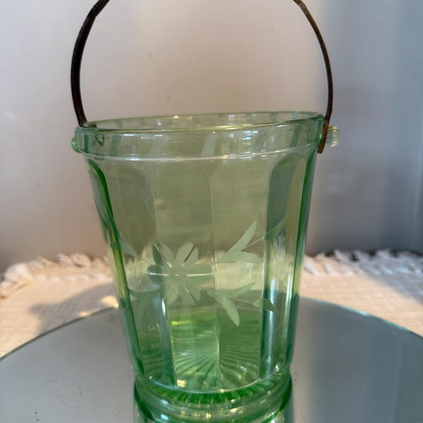 Vintage Green Depression Glass Etched Ice Bucket