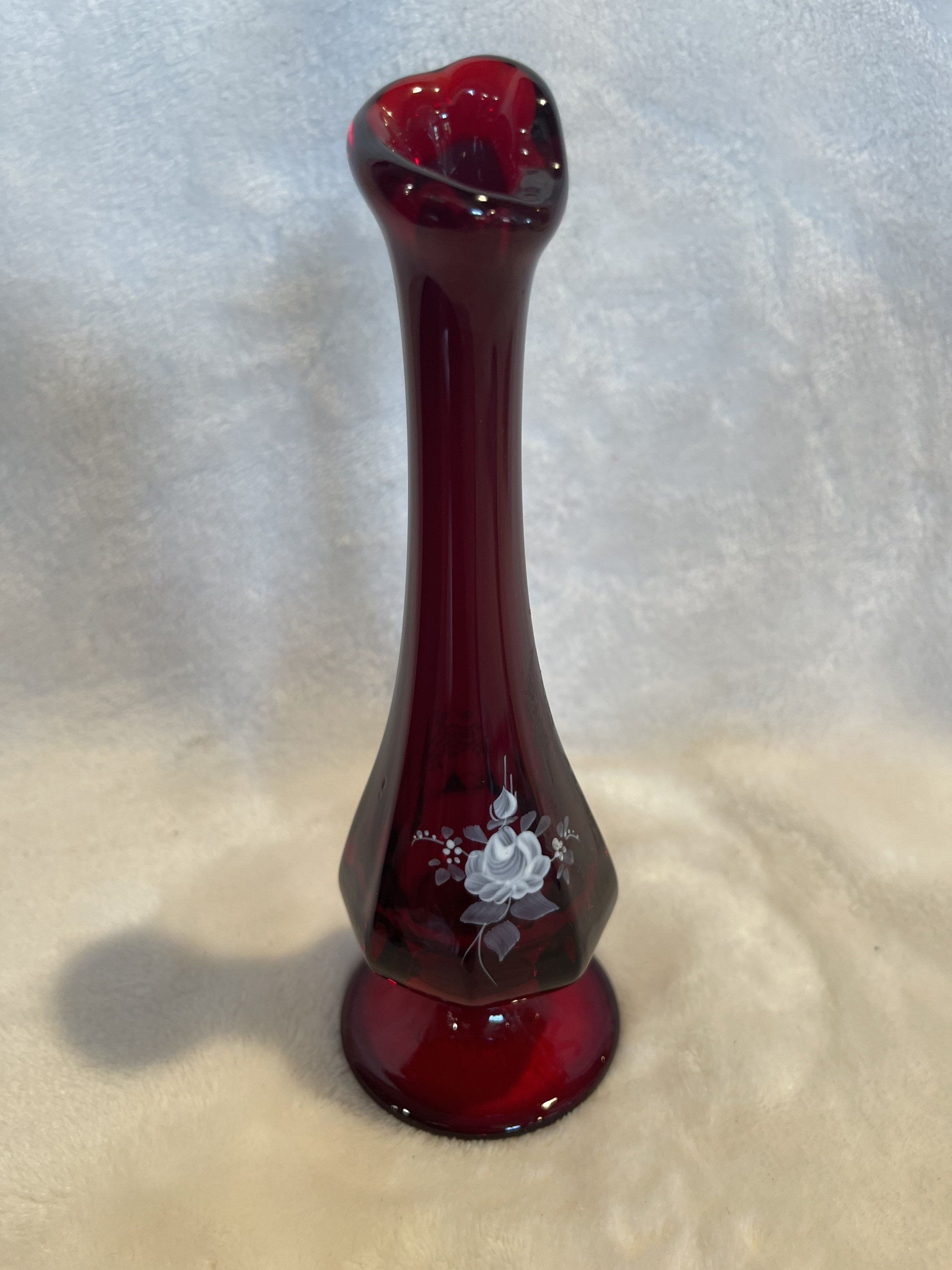 8” Vintage Fenton Ruby Red Hand Painted Stretch Swung Vase Signed