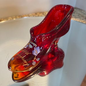 Vintage Fenton Ruby Hand Painted 40th Anniversary Signed Shoe