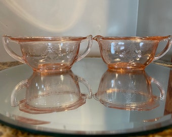 Vintage Pink Depression Glass Sugar and Creamer