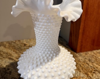 Vintage Fenton Milk Glass Hobnailed Ruffle Vase