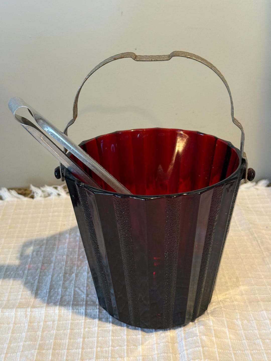 Vintage Ruby Red Ice Bucket With Metal Handle and Tongs - Etsy