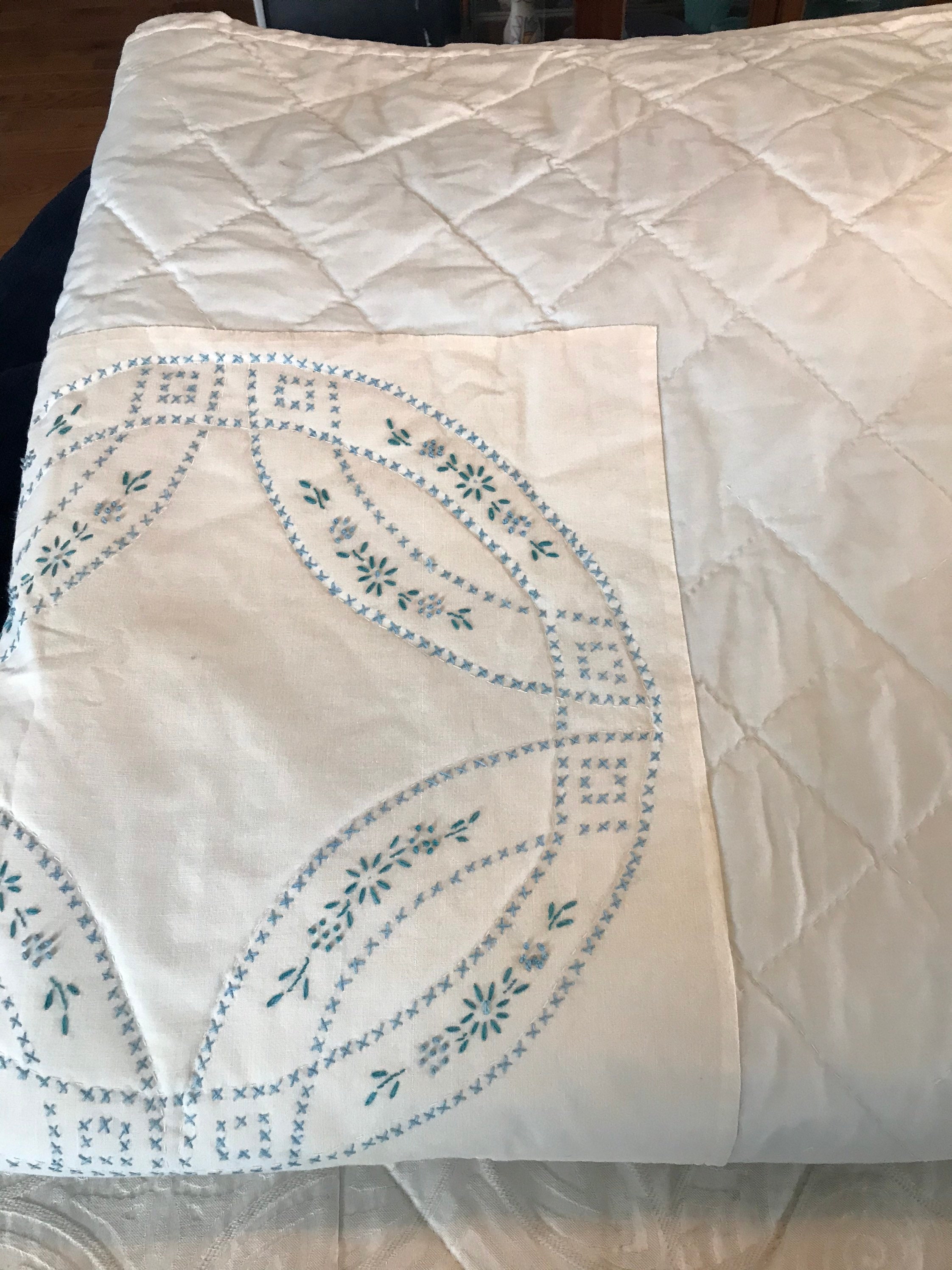 Vintage Hand Quilted and Embroidered King Size Quilt