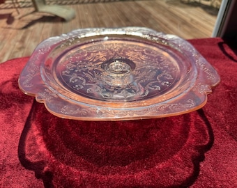 Vintage Jeannette Adam Pink Depression Glass Footed Cake Plate 1930s Square Floral Cake Server