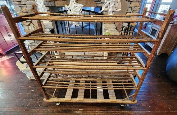 Authentic Antique Wooden Shoe Factory Rack on Original Casters 52 1 2