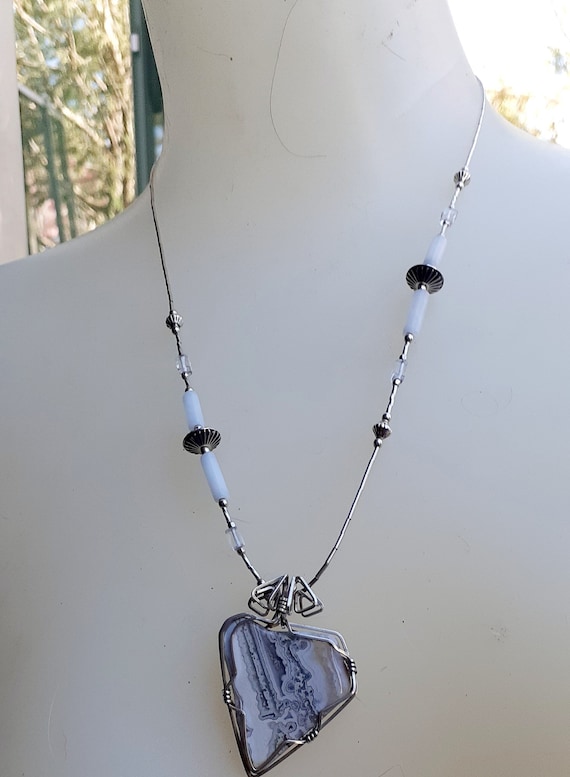 Crazy Lace Agate in silver wire necklace