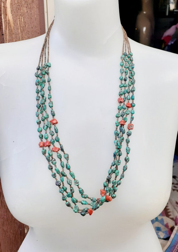 4 strand turquoise & coral nugget necklace