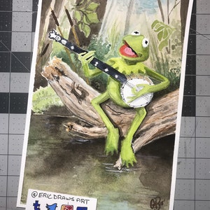 Kermit the Frog. 8.5x11" signed watercolor art print. Muppets the Movie. Rainbow Connection. Banjo.