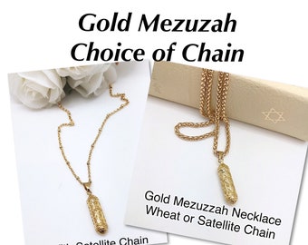 Gold Mezuzah Necklace on Satellite or Wheat Chain, Unisex Mezuzah Gold Necklace, Bar Or Bat Mitzvah Gift, Jewish Necklace Gift, Gold Mezuzah