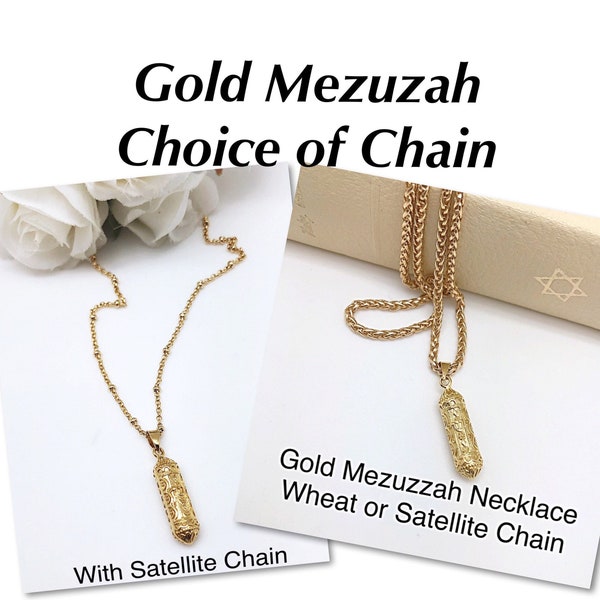 Gold Mezuzah Necklace on Satellite or Wheat Chain, Unisex Mezuzah Gold Necklace, Bar Or Bat Mitzvah Gift, Jewish Necklace Gift, Gold Mezuzah