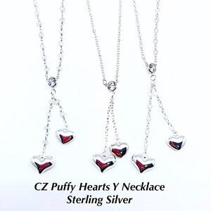 Large Small Sterling Puff Hearts CZ Y Necklace Choice of 3 Chains, Mother’s Heart CZ Y Necklace, Rainbow Moonstone Two Heart Y Necklace