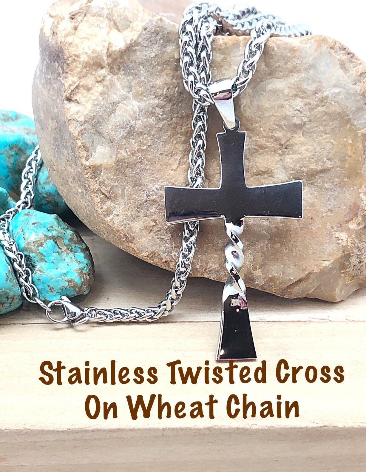 SALE Men's Large Twisted Cross Stainless Necklace on Wheat Chain